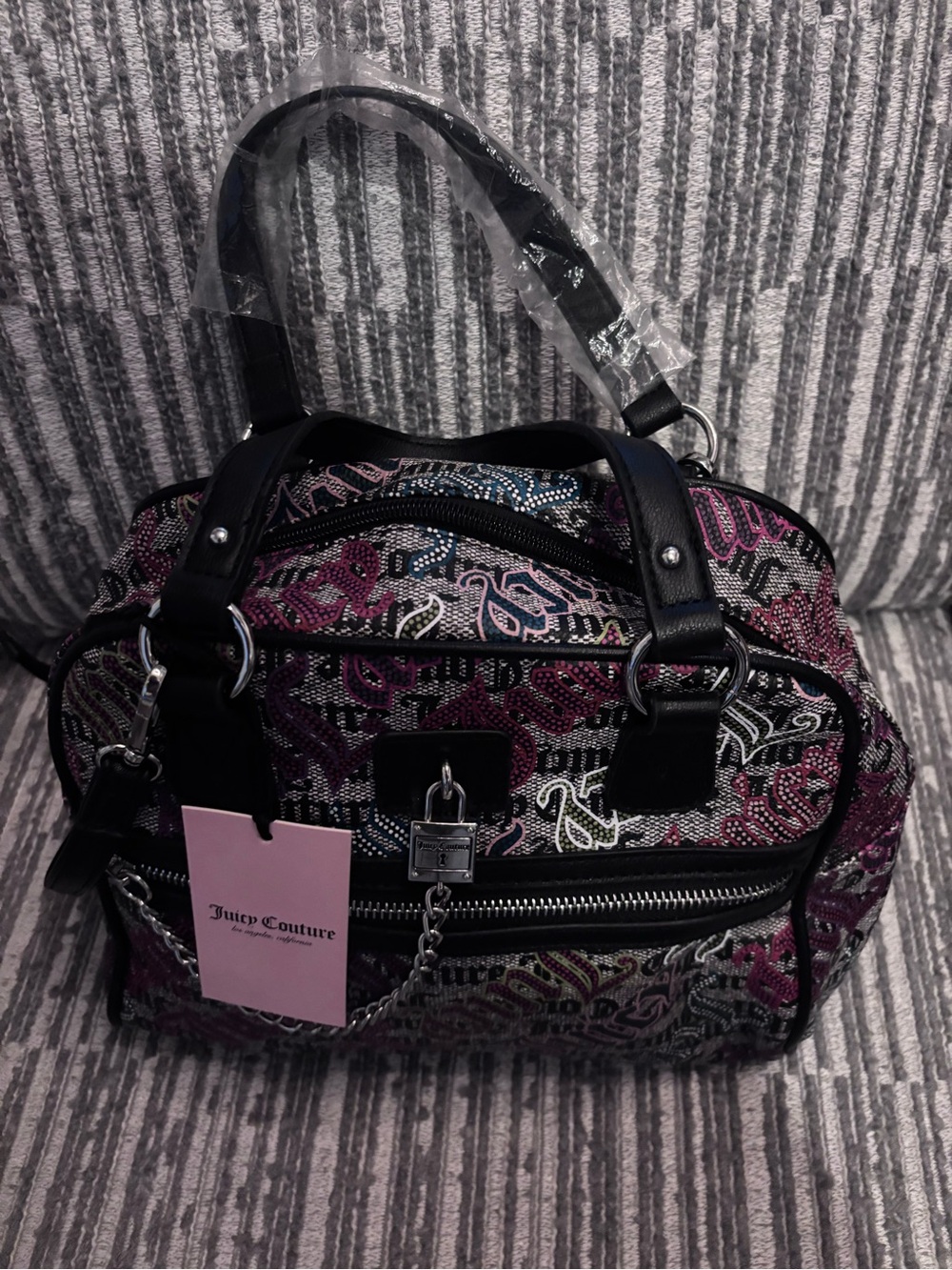 Juicy Couture Black Satchel with Pink & Purple Paisley Accents